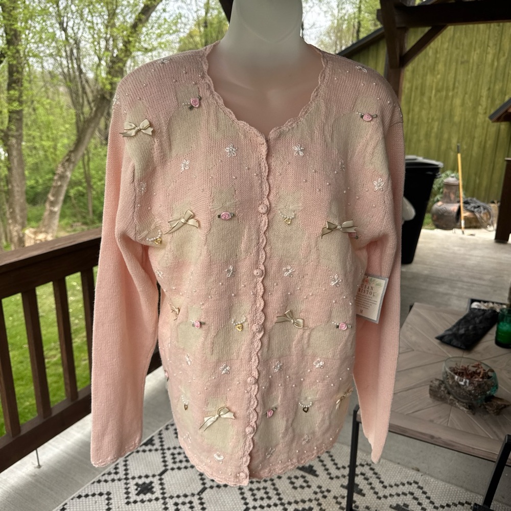 Vintage Pink cat Embroidered Cardigan Sweater